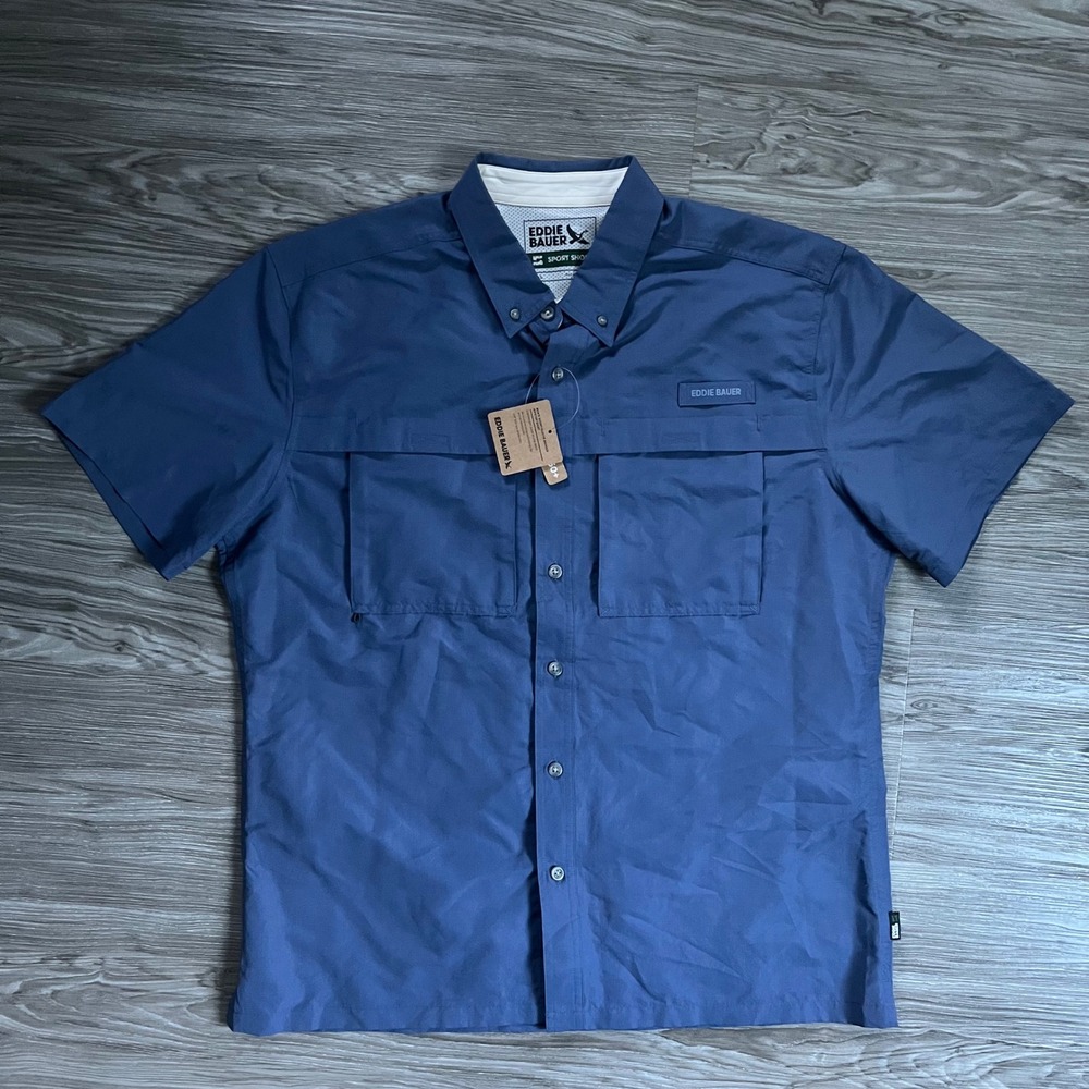 Eddie Bauer Men Rainier Ripstop Short Sleeve Shirt Blue UPF 50+ NWT L 1095